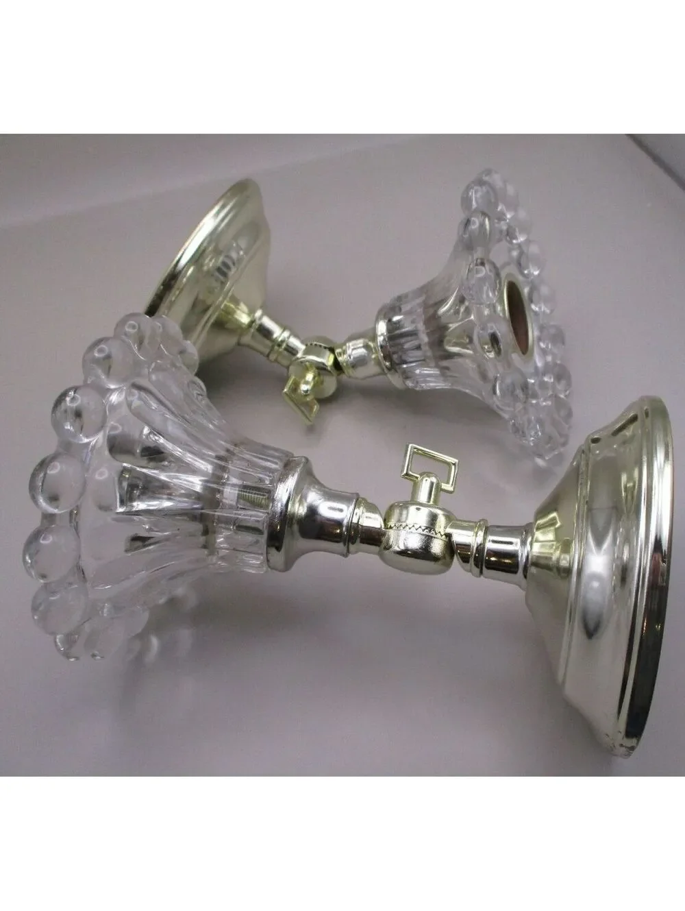 VTG 1950s Pair MCM Clear Glass Fluted Swivel Wall Sconces Brass Backplate Set